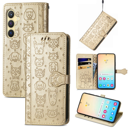 For Samsung Galaxy S25 Ultra 5G Cat and Dog Embossed Leather Phone Case(Gold) by buy2fix