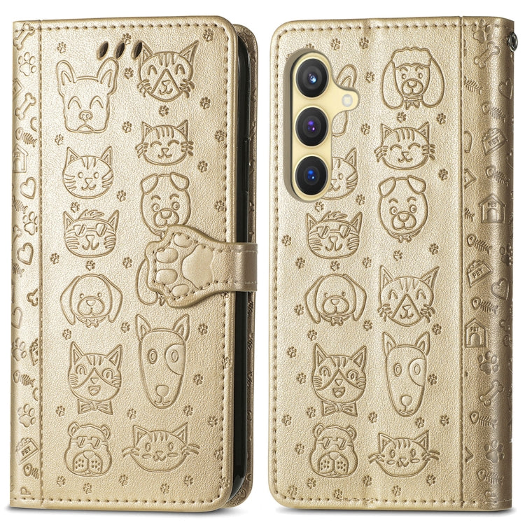 For Samsung Galaxy S25 Ultra 5G Cat and Dog Embossed Leather Phone Case(Gold) by buy2fix