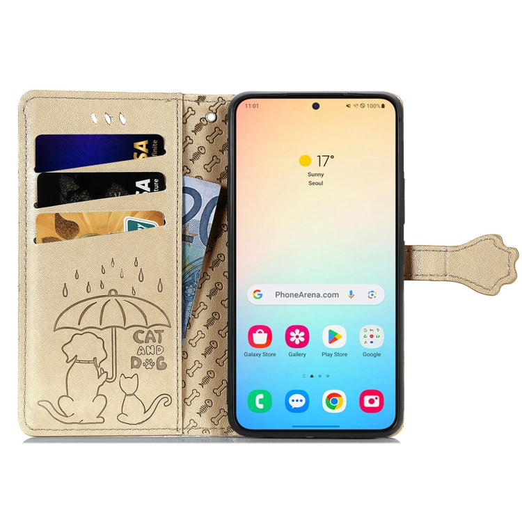 For Samsung Galaxy S25 Ultra 5G Cat and Dog Embossed Leather Phone Case(Gold) by buy2fix