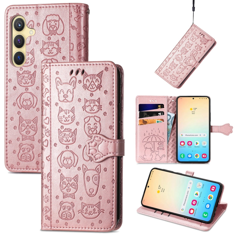 For Samsung Galaxy S25 Ultra 5G Cat and Dog Embossed Leather Phone Case(Rose Gold) by buy2fix