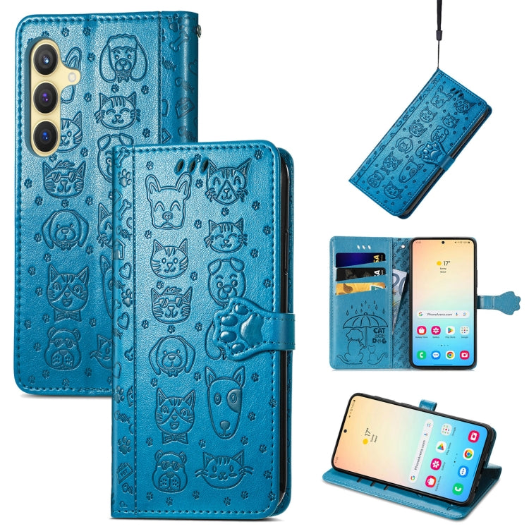 For Samsung Galaxy S25 Ultra 5G Cat and Dog Embossed Leather Phone Case(Blue) by buy2fix