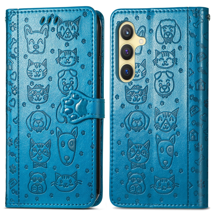 For Samsung Galaxy S25 Ultra 5G Cat and Dog Embossed Leather Phone Case(Blue) by buy2fix