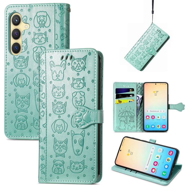 For Samsung Galaxy S25 Ultra 5G Cat and Dog Embossed Leather Phone Case(Green) by buy2fix