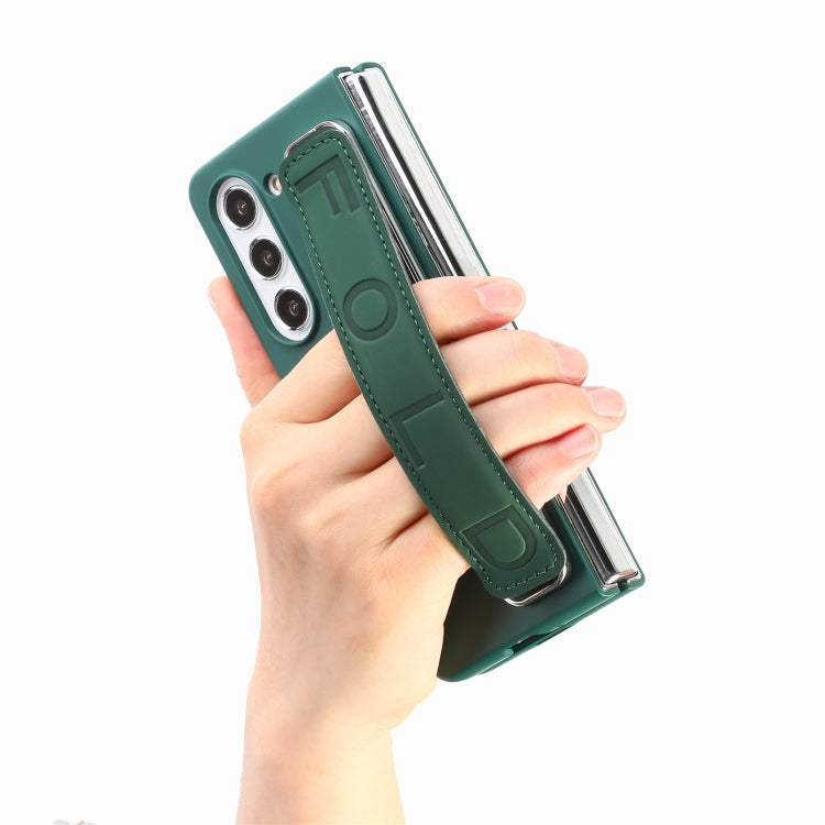 For   Samsung   Galaxy Z Fold5  5G Integrated Wristband Genuine Leather Phone Case(Drak Green) - Galaxy Z Fold5 Cases by buy2fix | Online Shopping UK | buy2fix
