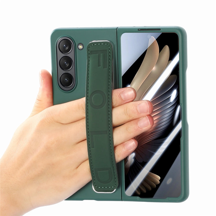 For   Samsung   Galaxy Z Fold5  5G Integrated Wristband Genuine Leather Phone Case(Drak Green) - Galaxy Z Fold5 Cases by buy2fix | Online Shopping UK | buy2fix