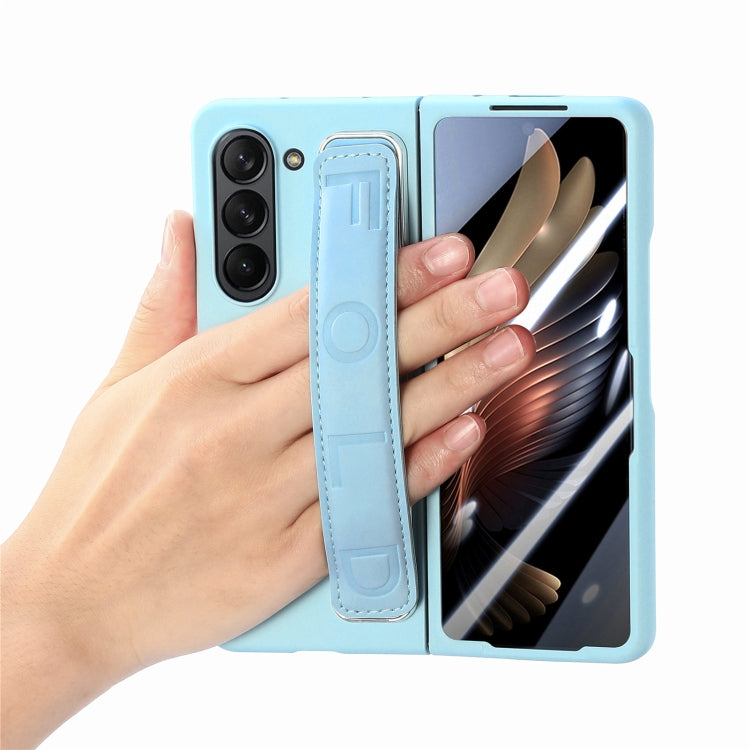 For   Samsung   Galaxy Z Fold5  5G Integrated Wristband Genuine Leather Phone Case(Blue) - Galaxy Z Fold5 Cases by buy2fix | Online Shopping UK | buy2fix