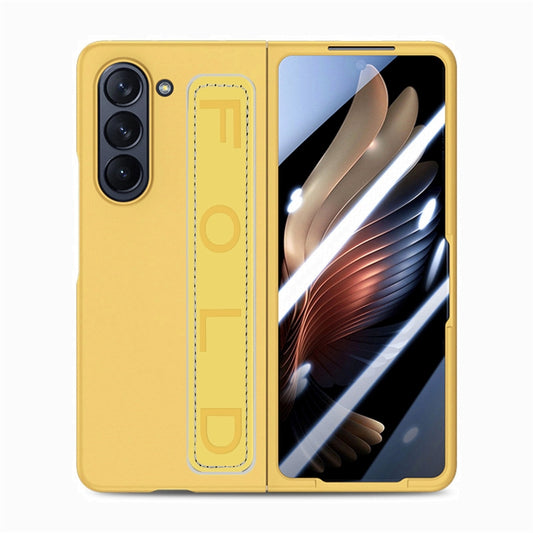 For   Samsung   Galaxy Z Fold5  5G Integrated Wristband Genuine Leather Phone Case(Yellow) - Galaxy Z Fold5 Cases by buy2fix | Online Shopping UK | buy2fix