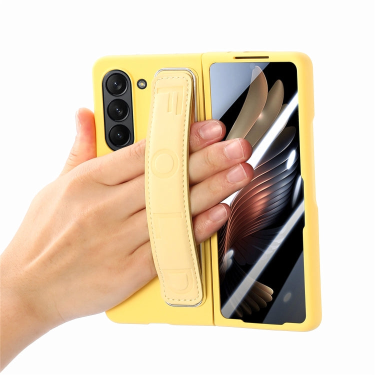 For   Samsung   Galaxy Z Fold5  5G Integrated Wristband Genuine Leather Phone Case(Yellow) - Galaxy Z Fold5 Cases by buy2fix | Online Shopping UK | buy2fix