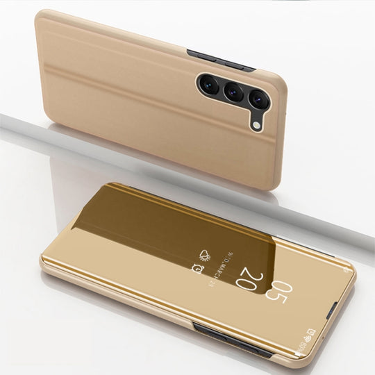 For Galaxy S24 5G Plated Mirror Horizontal Flip Leather Phone Case with Holder(Gold)