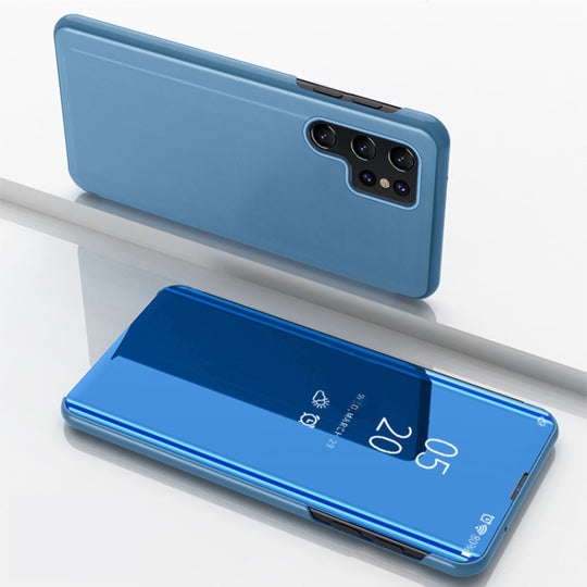 For Galaxy S24 Ultra 5G Plated Mirror Horizontal Flip Leather Phone Case with Holder(Blue)