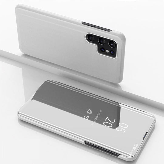 For Galaxy S24 Ultra 5G Plated Mirror Horizontal Flip Leather Phone Case with Holder(Silver)