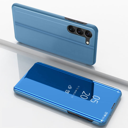 For Galaxy S24+ 5G Plated Mirror Horizontal Flip Leather Phone Case with Holder(Blue)