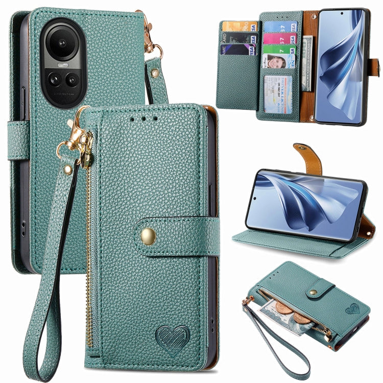 For OPPO Reno10 / 10 Pro Global Love Zipper Lanyard Leather Phone Case(Green) by buy2fix