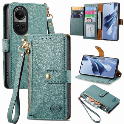 For OPPO Reno10 / 10 Pro Global Love Zipper Lanyard Leather Phone Case(Green) by buy2fix