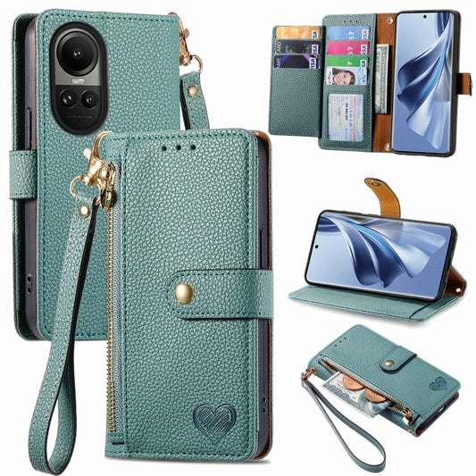 For OPPO Reno10 / 10 Pro Global Love Zipper Lanyard Leather Phone Case(Green) by buy2fix