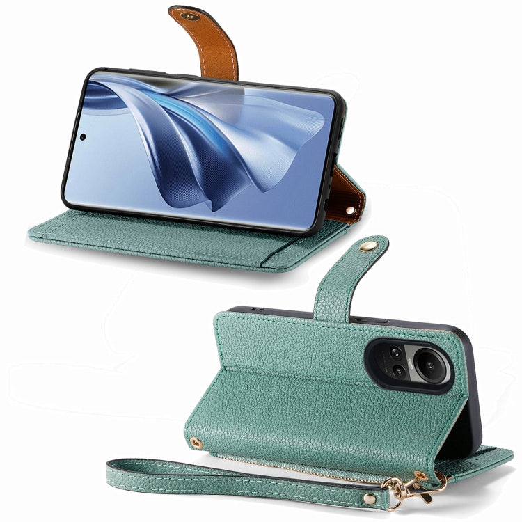 For OPPO Reno10 / 10 Pro Global Love Zipper Lanyard Leather Phone Case(Green) by buy2fix