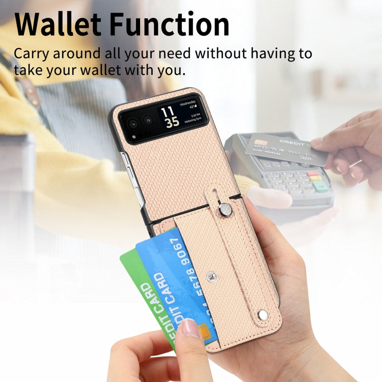 For Motorola Razr 40 Wristband Kickstand Card Wallet Back Cover Phone Case(Khaki) by buy2fix