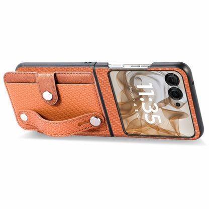 For Motorola Razr 50 Wristband Kickstand Card Wallet Back Cover Phone Case(Brown) by buy2fix