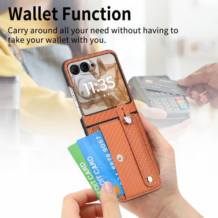 For Motorola Razr 50 Wristband Kickstand Card Wallet Back Cover Phone Case(Brown) by buy2fix