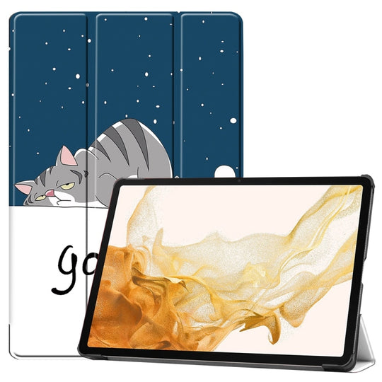 For Samsung Galaxy Tab S9+ JUNSUNMAY Custer Painted 3-Fold Stand Leather Smart Tablet Case(Lazy Cat)