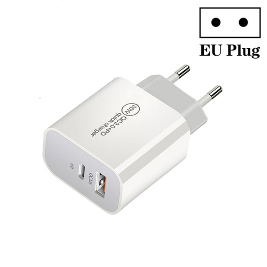 PD30W USB-C / Type-C + QC3.0 USB Dual Port Charger, Plug Size:EU Plug by buy2fix