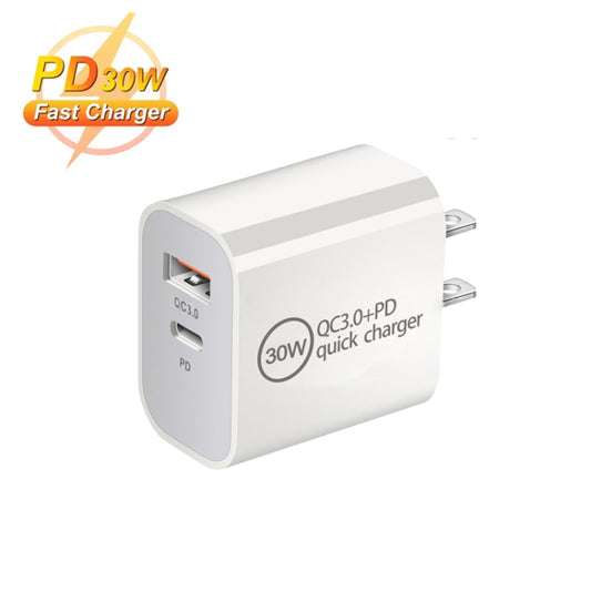 PD30W USB-C / Type-C + QC3.0 USB Dual Port Charger, Plug Size:US Plug by buy2fix