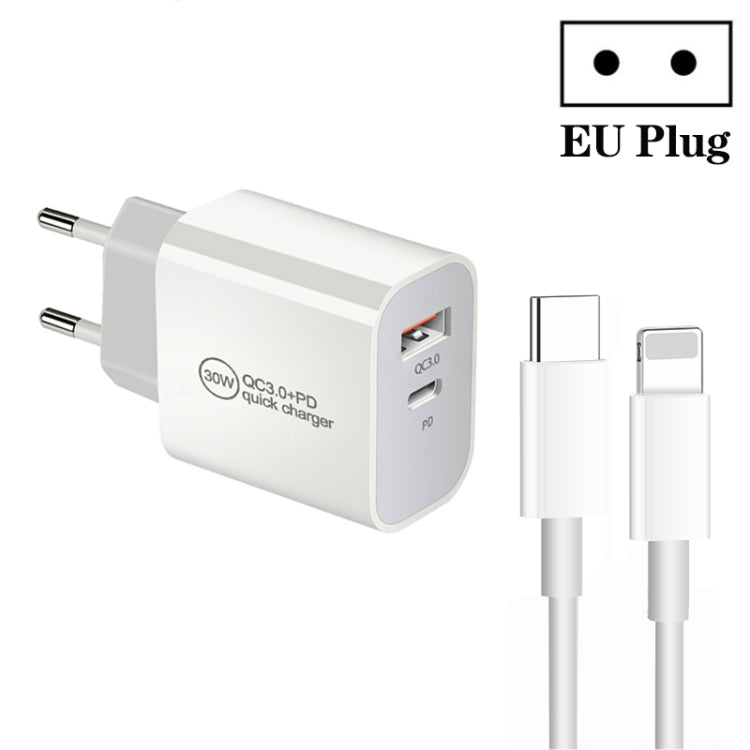 PD30W USB-C / Type-C + QC3.0 USB Dual Port Charger with 1m Type-C to 8 Pin Data Cable, EU Plug by buy2fix