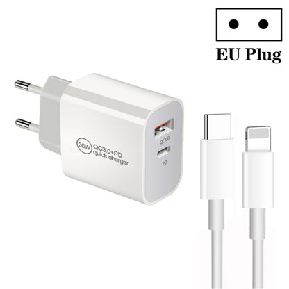 PD30W USB-C / Type-C + QC3.0 USB Dual Port Charger with 1m Type-C to 8 Pin Data Cable, EU Plug by buy2fix