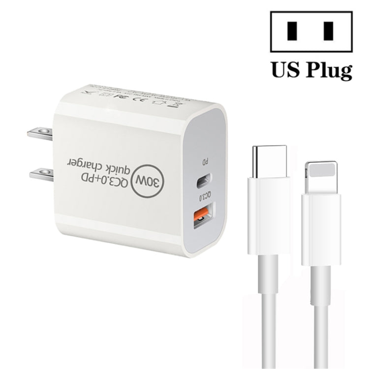 PD30W USB-C / Type-C + QC3.0 USB Dual Port Charger with 1m Type-C to 8 Pin Data Cable, US Plug by buy2fix