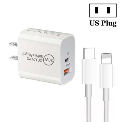 PD30W USB-C / Type-C + QC3.0 USB Dual Port Charger with 1m Type-C to 8 Pin Data Cable, US Plug by buy2fix