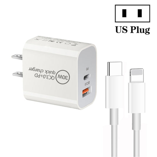PD30W USB-C / Type-C + QC3.0 USB Dual Port Charger with 1m Type-C to 8 Pin Data Cable, US Plug by buy2fix
