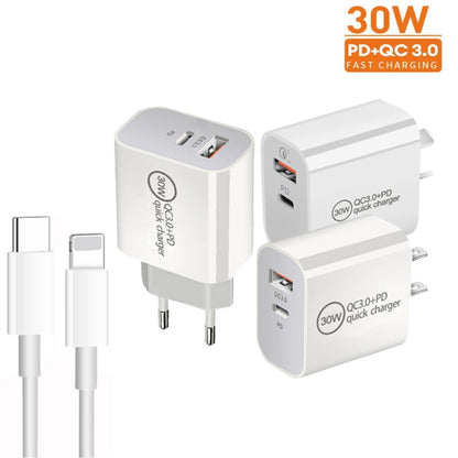 PD30W USB-C / Type-C + QC3.0 USB Dual Port Charger with 1m Type-C to 8 Pin Data Cable, EU Plug by buy2fix