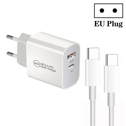 PD30W USB-C / Type-C + QC3.0 USB Dual Port Charger with 1m Type-C to Type-C Data Cable, EU Plug by buy2fix