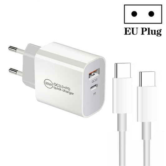 PD30W USB-C / Type-C + QC3.0 USB Dual Port Charger with 1m Type-C to Type-C Data Cable, EU Plug by buy2fix