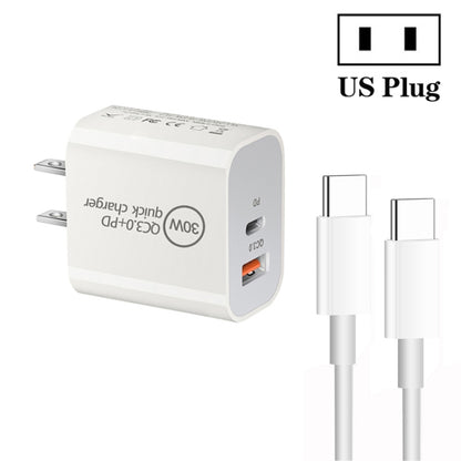 PD30W USB-C / Type-C + QC3.0 USB Dual Port Charger with 1m Type-C to Type-C Data Cable, US Plug by buy2fix