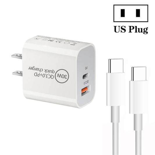PD30W USB-C / Type-C + QC3.0 USB Dual Port Charger with 1m Type-C to Type-C Data Cable, US Plug by buy2fix