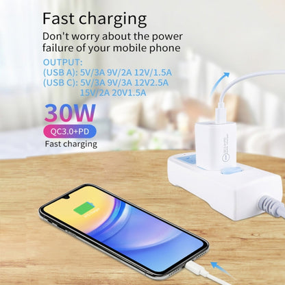 PD30W USB-C / Type-C + QC3.0 USB Dual Port Charger with 1m Type-C to Type-C Data Cable, US Plug by buy2fix