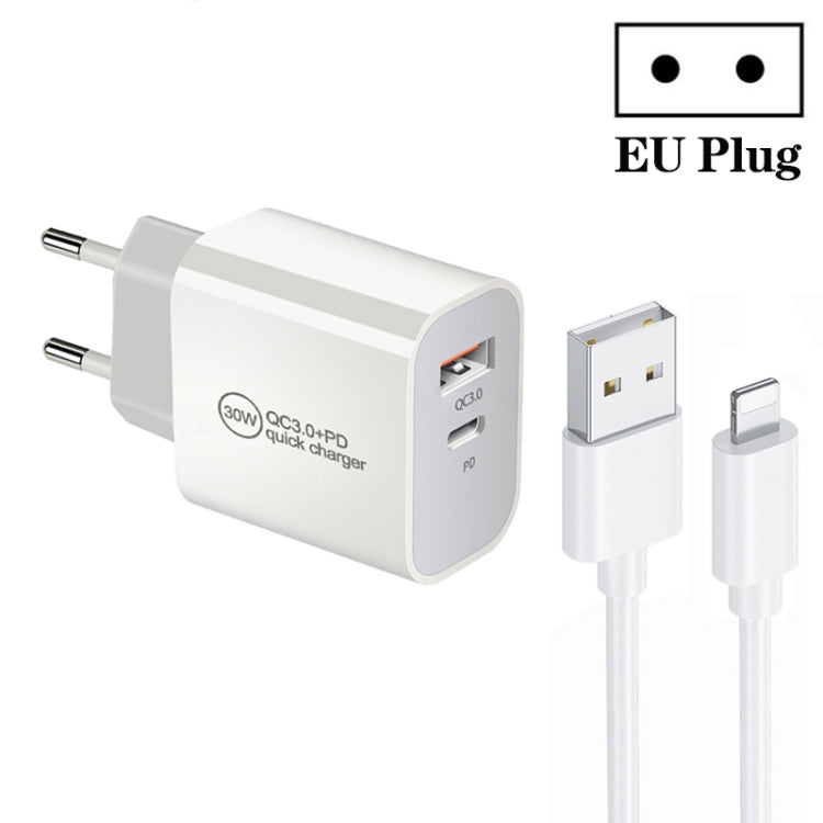 PD30W USB-C / Type-C + QC3.0 USB Dual Port Charger with 1m USB to 8 Pin Data Cable, EU Plug by buy2fix