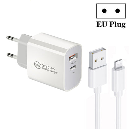PD30W USB-C / Type-C + QC3.0 USB Dual Port Charger with 1m USB to 8 Pin Data Cable, EU Plug by buy2fix