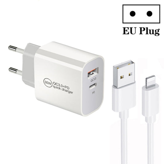 PD30W USB-C / Type-C + QC3.0 USB Dual Port Charger with 1m USB to 8 Pin Data Cable, EU Plug by buy2fix