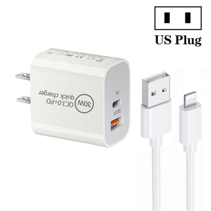 PD30W USB-C / Type-C + QC3.0 USB Dual Port Charger with 1m USB to 8 Pin Data Cable, US Plug by buy2fix