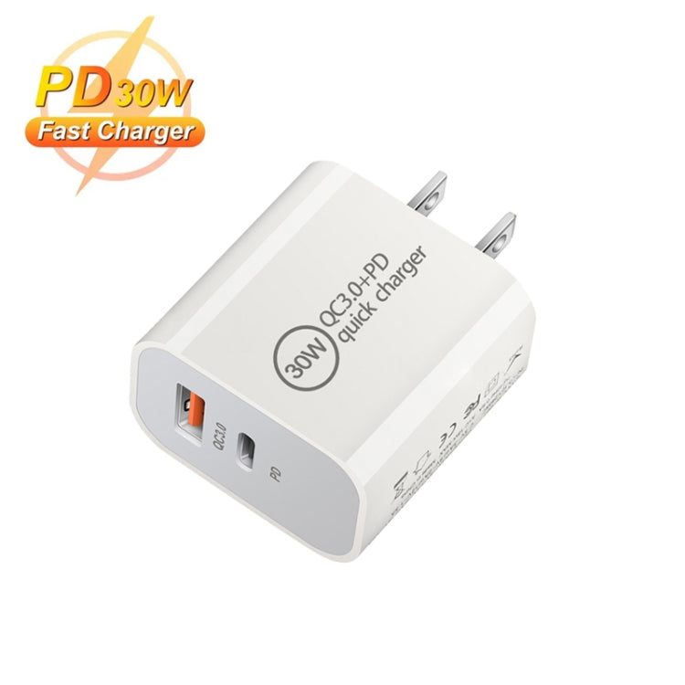 PD30W USB-C / Type-C + QC3.0 USB Dual Port Charger with 1m USB to 8 Pin Data Cable, US Plug by buy2fix