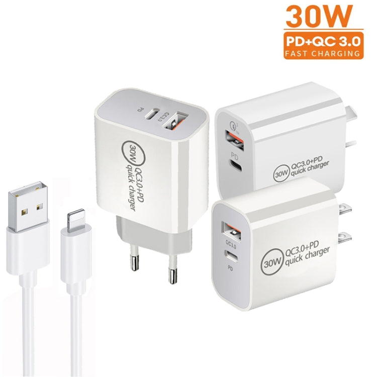 PD30W USB-C / Type-C + QC3.0 USB Dual Port Charger with 1m USB to 8 Pin Data Cable, EU Plug by buy2fix