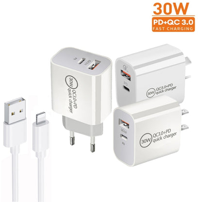 PD30W USB-C / Type-C + QC3.0 USB Dual Port Charger with 1m USB to 8 Pin Data Cable, EU Plug by buy2fix