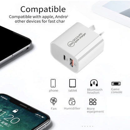PD30W USB-C / Type-C + QC3.0 USB Dual Port Charger with 1m USB to 8 Pin Data Cable, EU Plug by buy2fix