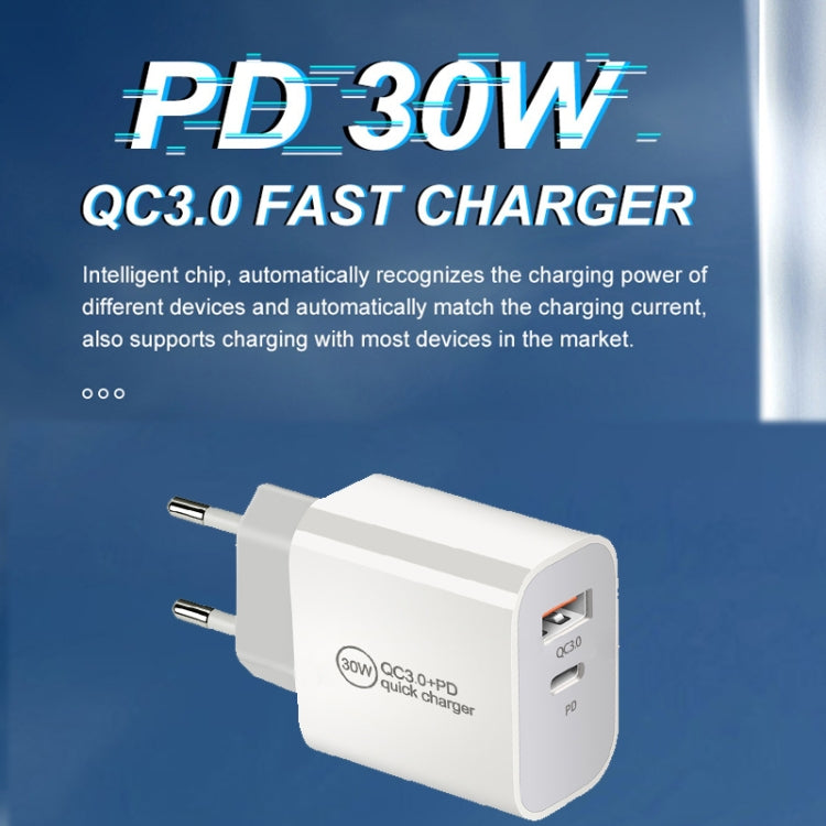PD30W USB-C / Type-C + QC3.0 USB Dual Port Charger with 1m USB to 8 Pin Data Cable, EU Plug by buy2fix