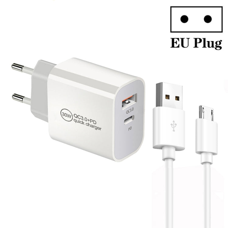 PD30W USB-C / Type-C + QC3.0 USB Dual Port Charger with 1m USB to Micro USB Data Cable, EU Plug by buy2fix