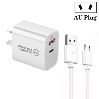 PD30W USB-C / Type-C + QC3.0 USB Dual Port Charger with 1m USB to Micro USB Data Cable, AU Plug - USB Charger by buy2fix | Online Shopping UK | buy2fix