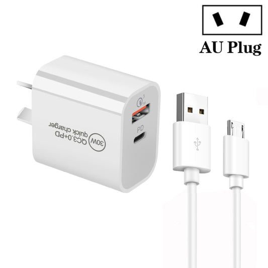 PD30W USB-C / Type-C + QC3.0 USB Dual Port Charger with 1m USB to Micro USB Data Cable, AU Plug - USB Charger by buy2fix | Online Shopping UK | buy2fix
