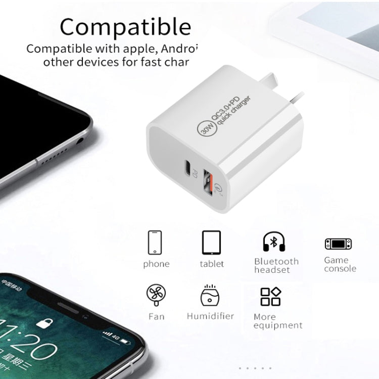 PD30W USB-C / Type-C + QC3.0 USB Dual Port Charger with 1m USB to Micro USB Data Cable, AU Plug - USB Charger by buy2fix | Online Shopping UK | buy2fix